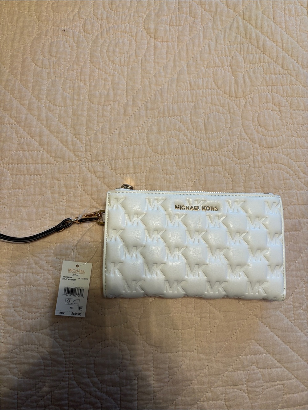 Michael Kors White Quilted MK Logo Wristlet with Gold Hardware